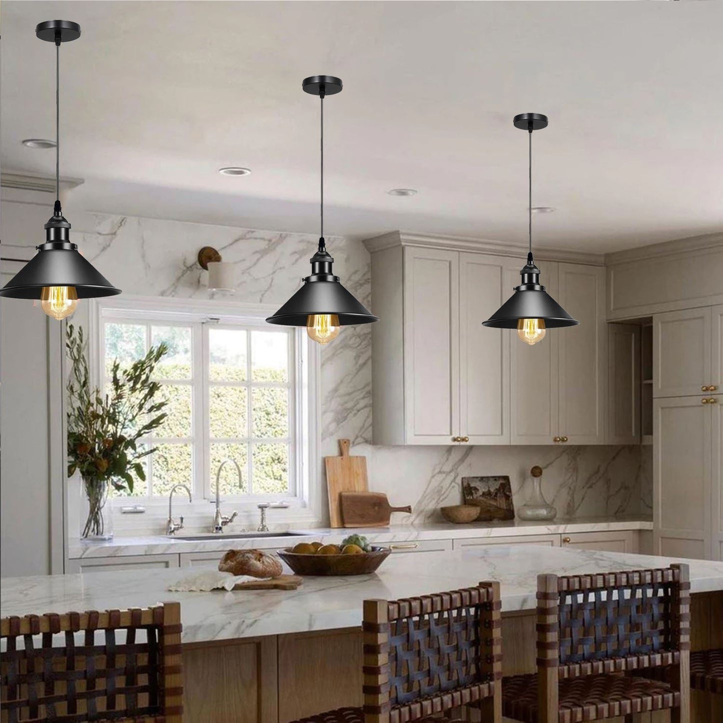 Black Metal Cone Shade Pendant Light Fixture~3393-0