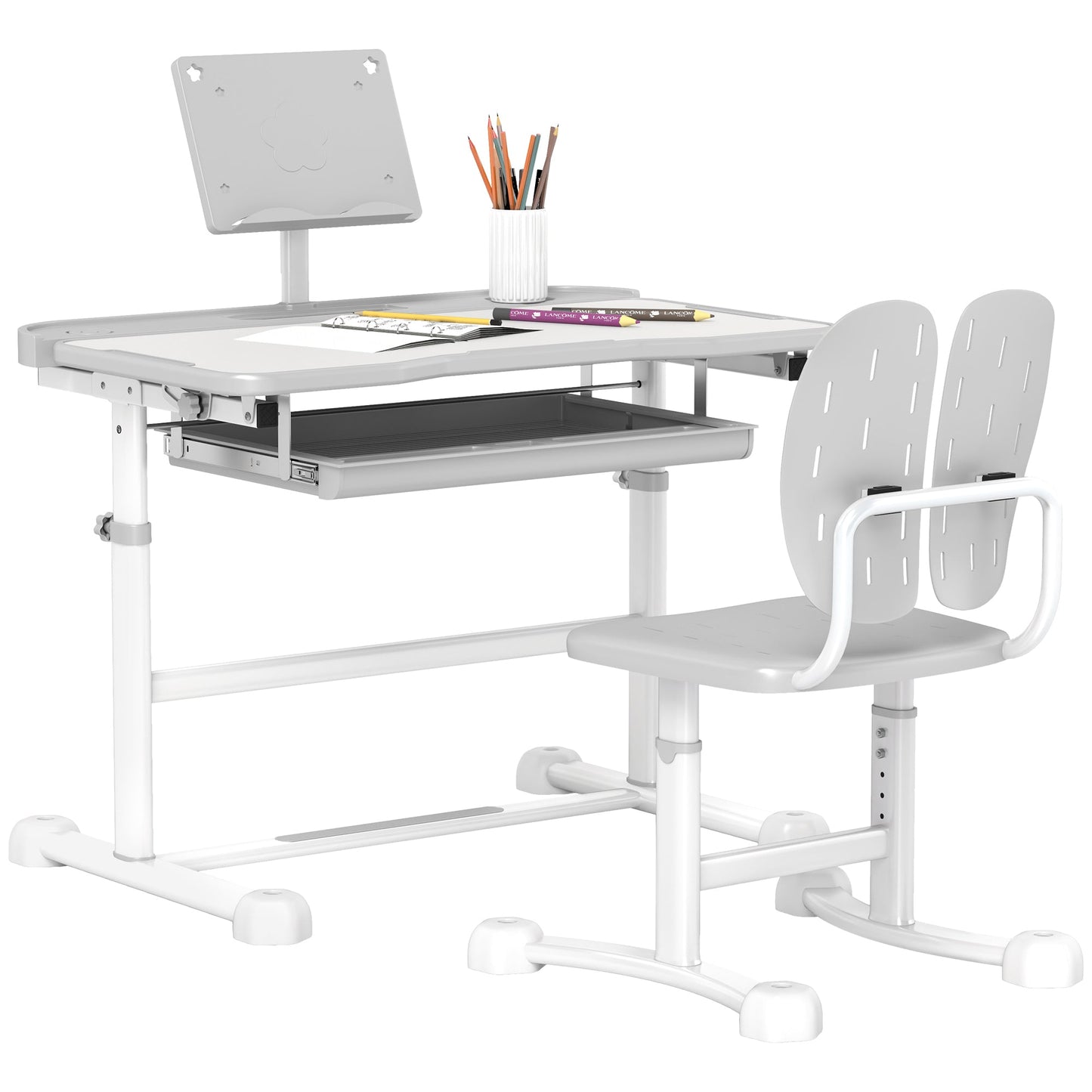 2 Piece Height Adjustable Kids Desk and Chair Set with Tilted Desktop - Grey