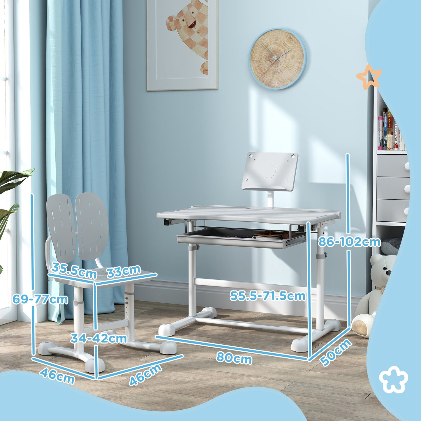 2 Piece Height Adjustable Kids Desk and Chair Set with Tilted Desktop - Grey