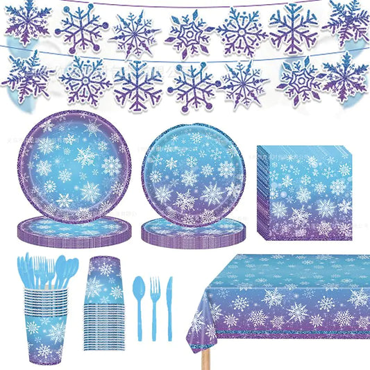JQSSHXB 170PCS Frozen Birthday Party Decorations Purple and Blue Snowflake Winter Wonderland Include Disposable Plates Cups Cutlery Banner Tablecloth for Christmas Winter Wonderland Decorations