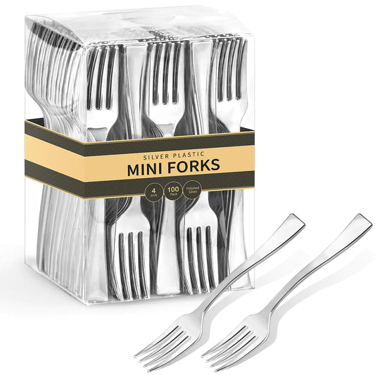 Qeirudu 4 Inch Mini Plastic Silver Forks 100 Pack Disposable Appetizer Forks Heavy Duty Tiny Forks for Party Small Desserts Charcuterie Samples Cocktails and Strawberries