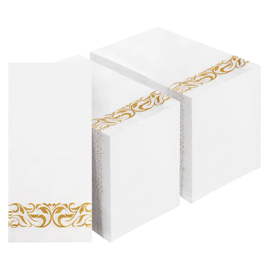 BESTVIP 200 Pack Disposable Paper Napkins 3-Ply Dinner Napkins with Gold Trim Soft Bathroom Napkins for Guests Absorbent Party Napkins Wedding Napkins for Dinners Kitchen or Events