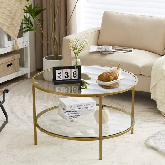 VINGLI Glass Coffee Table 30" Round Champagne Gold Coffee Tables for Living Room2-Tier Glass Top Coffee Table with Storage Clear Coffee TableSimple & Modern Center Table Mesa de Centro para Sala
