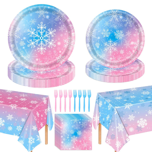 98 Pcs Winter Snowflake Paper Plates and Napkins SetBlue and Pink Frozen Snowflake Winter Wonderland Disposable Tableware for Christmas New Year Birthday Party Supplies Decorations Serve 24