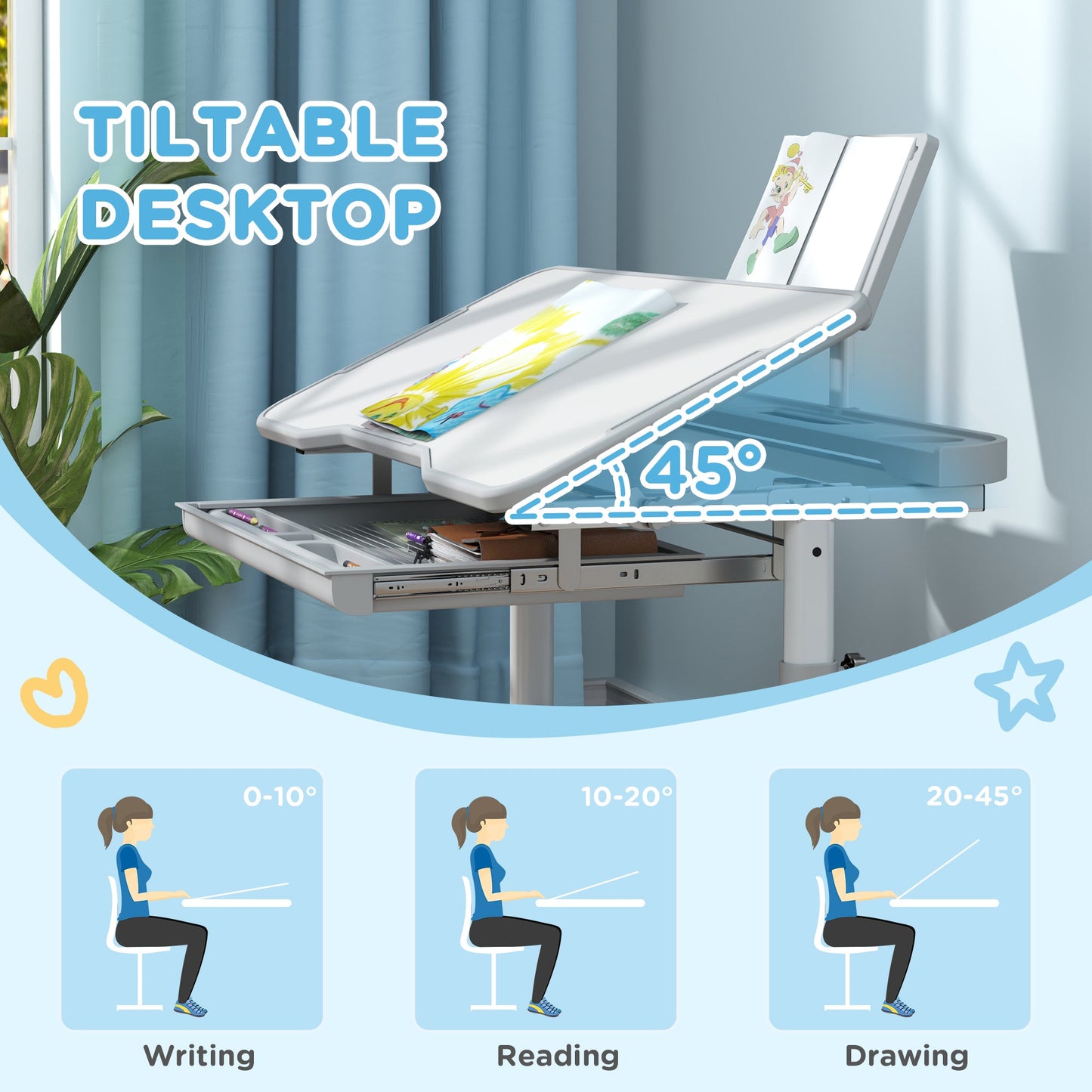 2 Piece Height Adjustable Kids Desk and Chair Set with Tilted Desktop - Grey