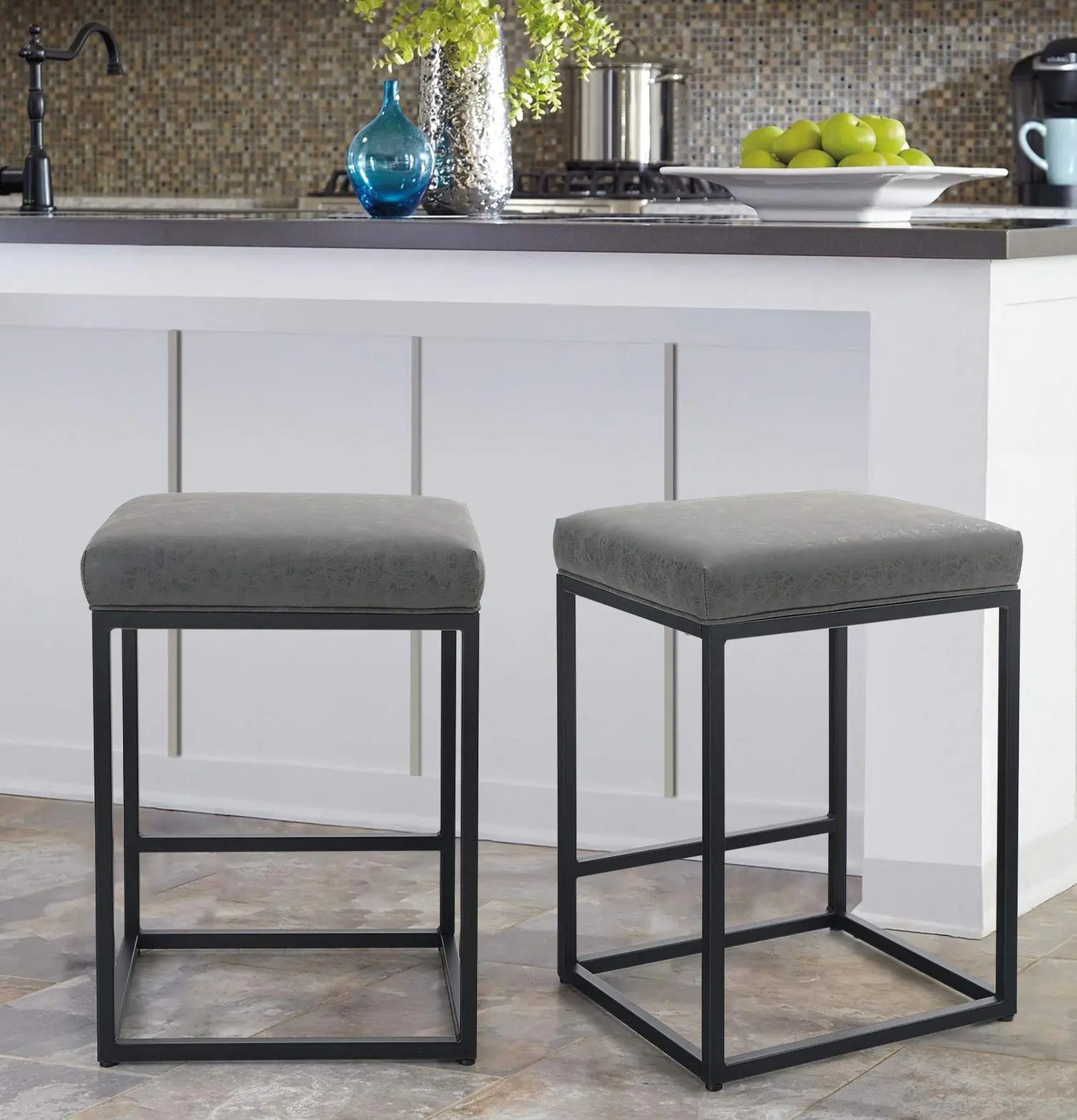 MAISON ARTS Counter Height 24" Bar Stools Set of 2 for Kitchen Counter Backless Modern Barstools Industrial Upholstered Faux Leather Stools Farmhouse Island Chairs (24 Inch Grey)