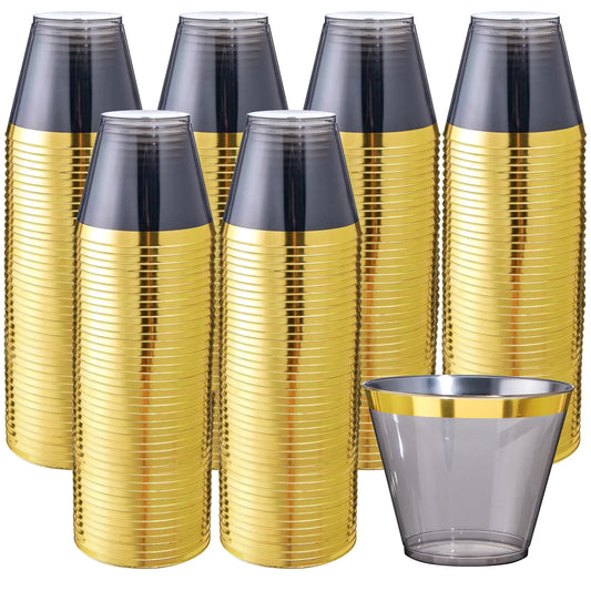 Superrnal 100pcs Gold and Black Plastic Cups 9OZ Elegant Gold Rimmed Plastic Cups Clear Party Cups Fancy Disposable Wedding Cups for Family Gatherings Afternoon Tea Parties