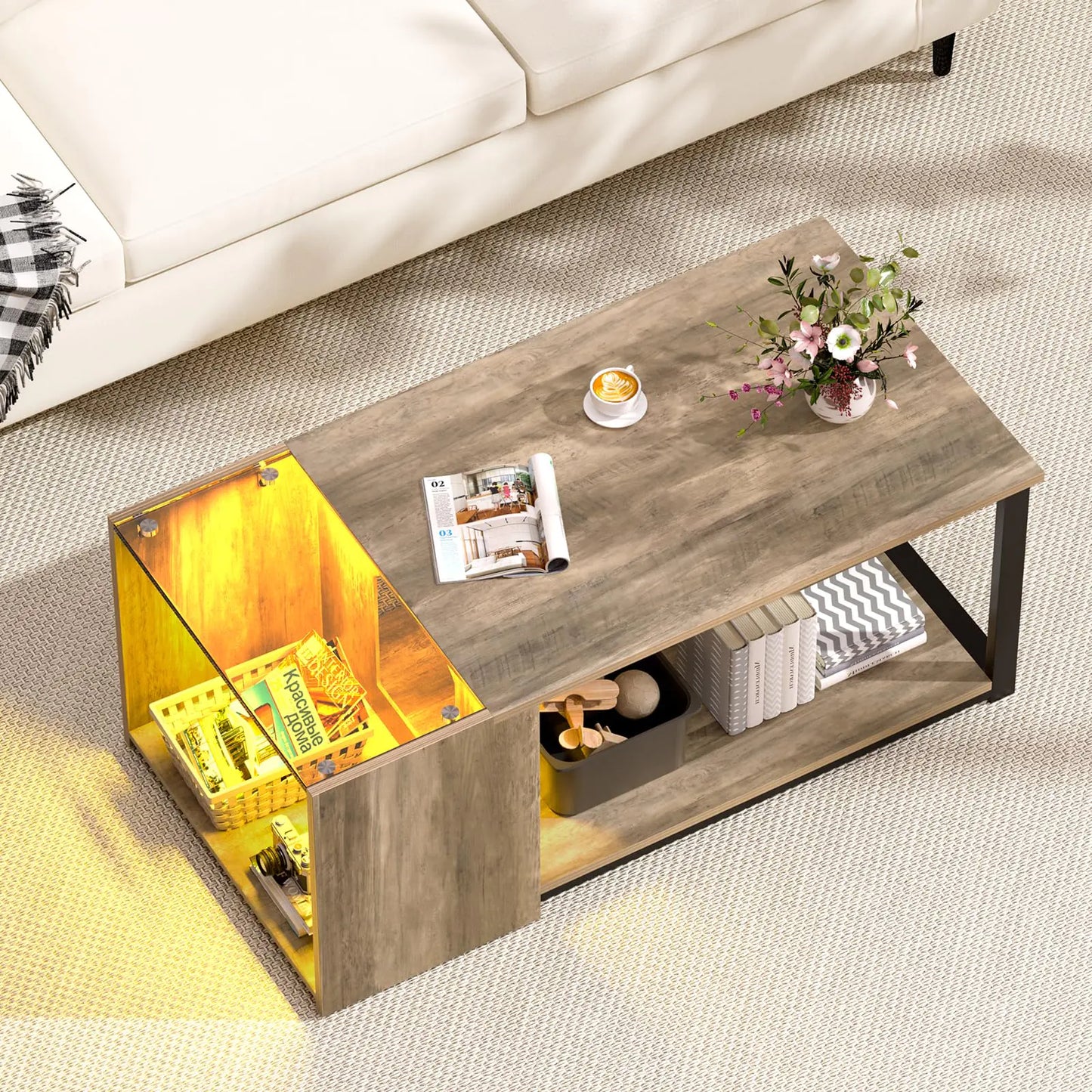 SOROGRA Coffee Table for Small Living Room Modern Center Tables with Storage 35.4 Inch Rectangular Glass Top Table with LED Light Grey