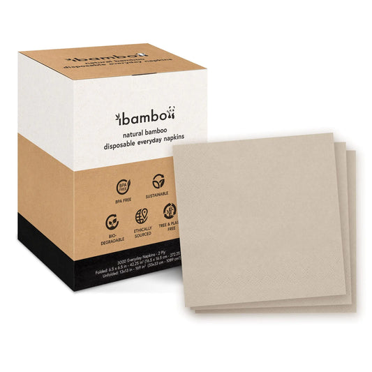Ibambo 3000 Pack 100% Bamboo Everyday Napkins - 2-Ply FSC Certified Lunch & Dinner Napkins | Bamboo Napkins for Home or Commercial Use - 6.5x6.5 Inch Folded Disposable Napkins | Compostable Napkins
