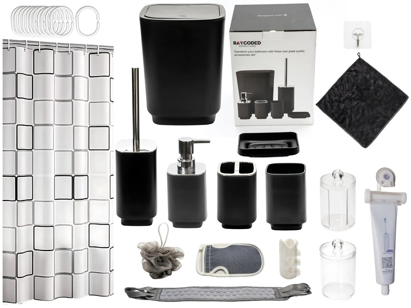 RAYCODED 29pcs Bathroom Accessories Set Bathroom Accessory Set with Trash Can Bathroom Shower Curtain Sets Shower Curtains for Bathroom Sets Black Restroom Decor and Accessories