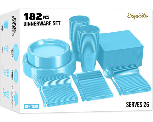 182 Pcs Plastic Dinnerware Set Includes 26 Of Each 9" Light Blue Plastic Dinner Plates | 7" Plastic Dessert Plates | 12 oz Plastic Cups | Light Blue Napkins | Plastic Spoons Forks & Knives Exquisite