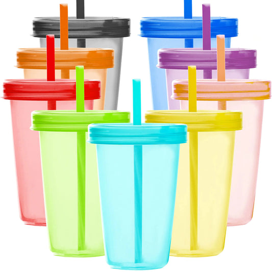 Youngever 9 Sets 16 Ounce Plastic Cups with Lids and Straws Reusable Plastic Cups with Straws (Rainbow Colors)