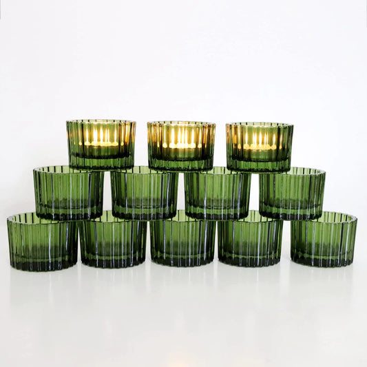 VOHO 24pcs Green Tea Lights Candle Holder for Christmas Decorations Ribbed Glass Tealight Candle Holder for Wedding Holiday/Birthday Gifts