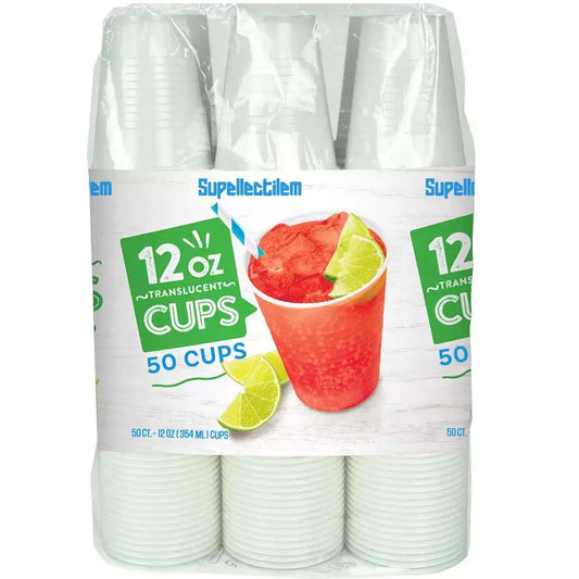 Supellectilem 12 oz Plastic Cups Disposable - 50 Pack | Clear Translucent Disposable Cold Plastic Cups | Premium Quality Shatter Resistant Party Water Cups