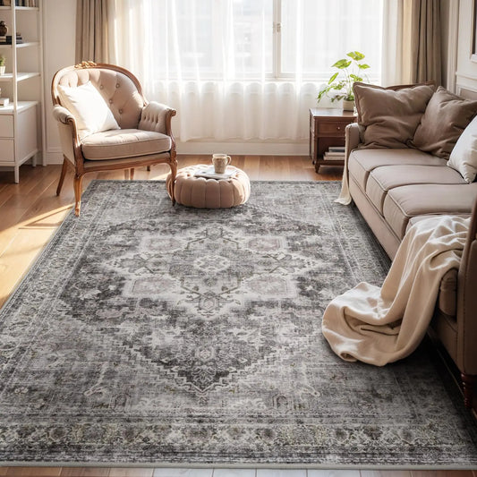 Washable Rugs for Living Room 5x7 Area Rug Soft Living Room Rug Carpet-Rugs for Bedroom Rug Vintage Oriental Floral Rug Dining Room Rug Non Slip Rug Grey
