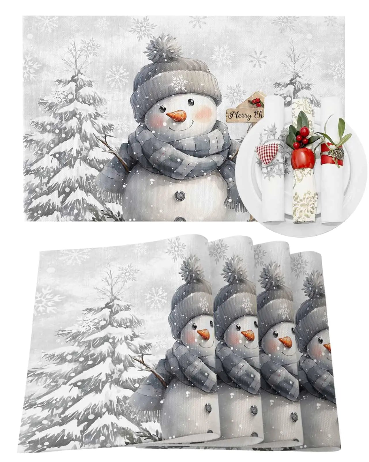 Christmas Placemats Set of 4 Snowman Place Mats Grey Snowflake Placemat Xmas Pine Tree Table Mats for Dining Kitchen Table Winter Holiday Dinner Party Home Christmas Decorations 13x19 Inch