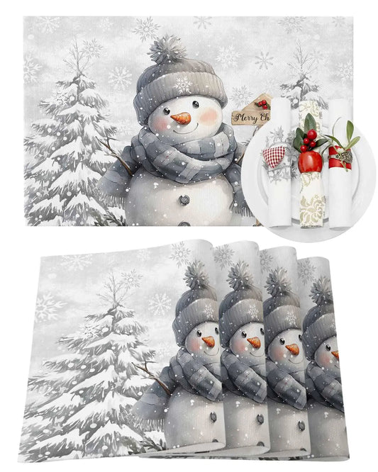 Christmas Placemats Set of 4 Snowman Place Mats Grey Snowflake Placemat Xmas Pine Tree Table Mats for Dining Kitchen Table Winter Holiday Dinner Party Home Christmas Decorations 13x19 Inch