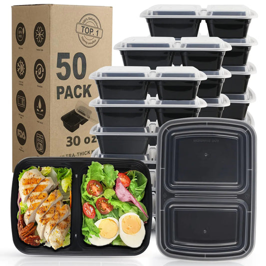 WGCC Meal Prep Containers 2 Compartment- 50Pack 30OZ Food Prep Containers With Lids Disposable To Go Food Containers Take Out Stackable Leakproof & Food Safe Microwave Freezer Dishwasher Safe