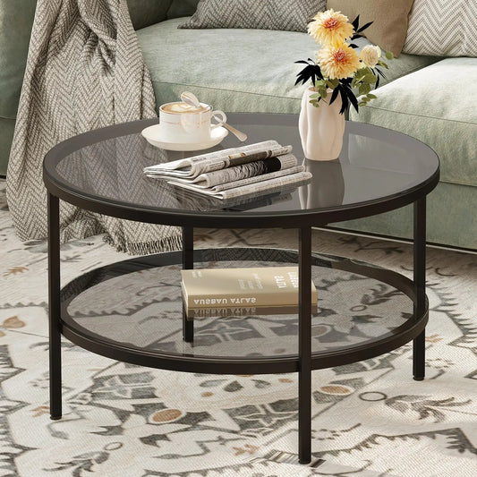 Yusong Round Glass Coffee Tables for Living Room 2-Tier Circle Coffee Table with Storage 26" Modern Center Accent Table with Light Black Glass Small Side Table End Table for Small Space Bedroom