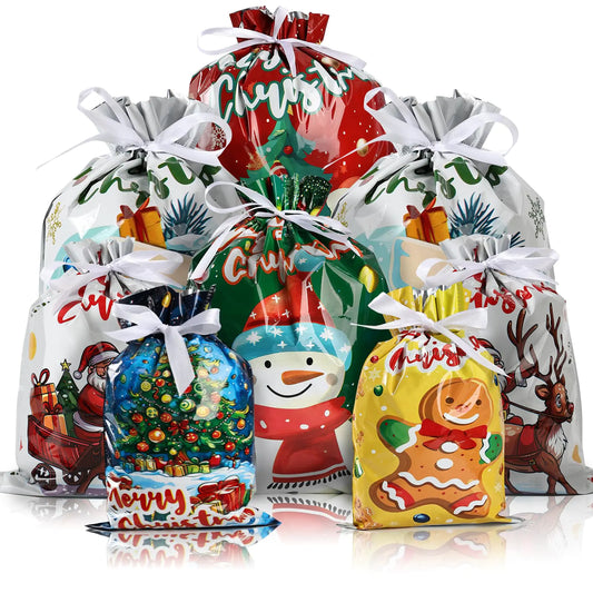AURUZA 20PCS Christmas Drawstring Gift Bags - Assorted Sizes from Small to Jumbo with Colorful Designs & Tags Ideal for Holiday Wrapping & Decorations Party Favors