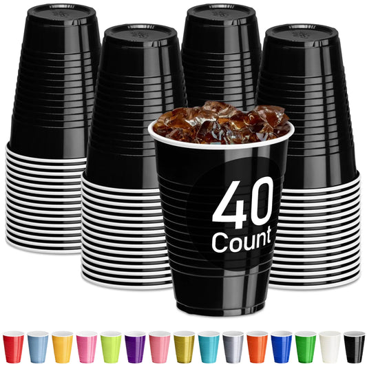 DecorRack Black Plastic Cups 12 oz Disposable Cups Reusable Party Supplies (40 Count)