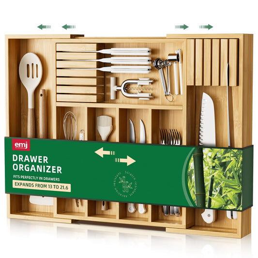 Emojoy Silverware StorageCarbonized Bamboo Cutlery Storage Organizer Expandable Cutlery Rack 7 Slots Perfect for Storing Cutlery and Kitchen Utensils with Removable Knife Holder