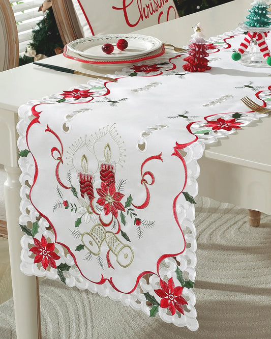 Christmas Table Runner with Embroidered Holly Leaves Poinsettia Candle Bell Winter Farmhouse Christmas Decorations Indoor Home Party Decor 68 Inches Long
