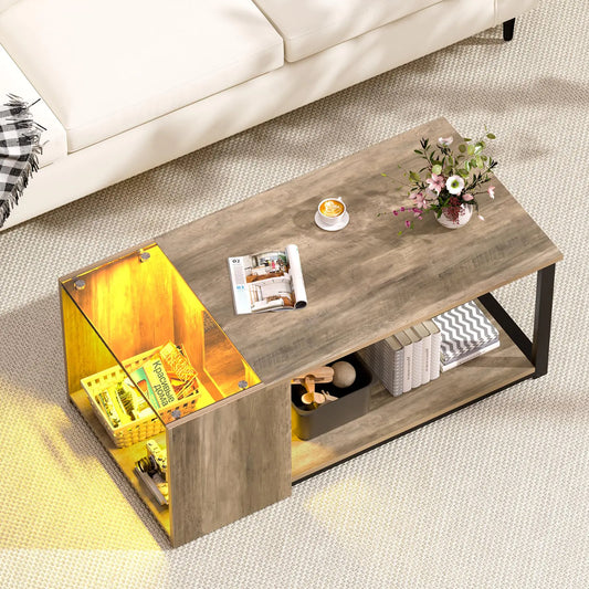 SOROGRA Coffee Table for Small Living Room Modern Center Tables with Storage 35.4 Inch Rectangular Glass Top Table with LED Light Grey