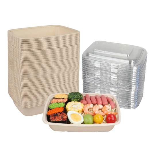 JAYEEY 32 oz Rectangle Disposable bowls with lidsSugarcane Fibers Bowls take away food containers Plant Fibers Freezer Safe 50 Pack