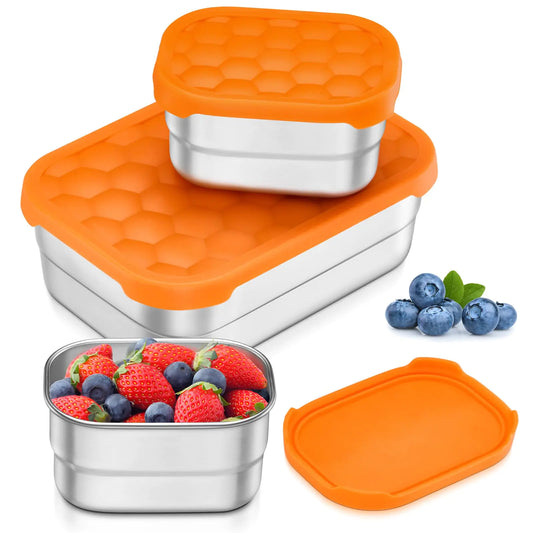 Leonyo Stainless Steel Lunch Containers for Kids 18/10 Stainless Steel Food Containers with Silicone Lids Metal Toddler Bento Box Food Storage Bento Box for Snacks Sandwiches Fruits(25oz+8oz*2)