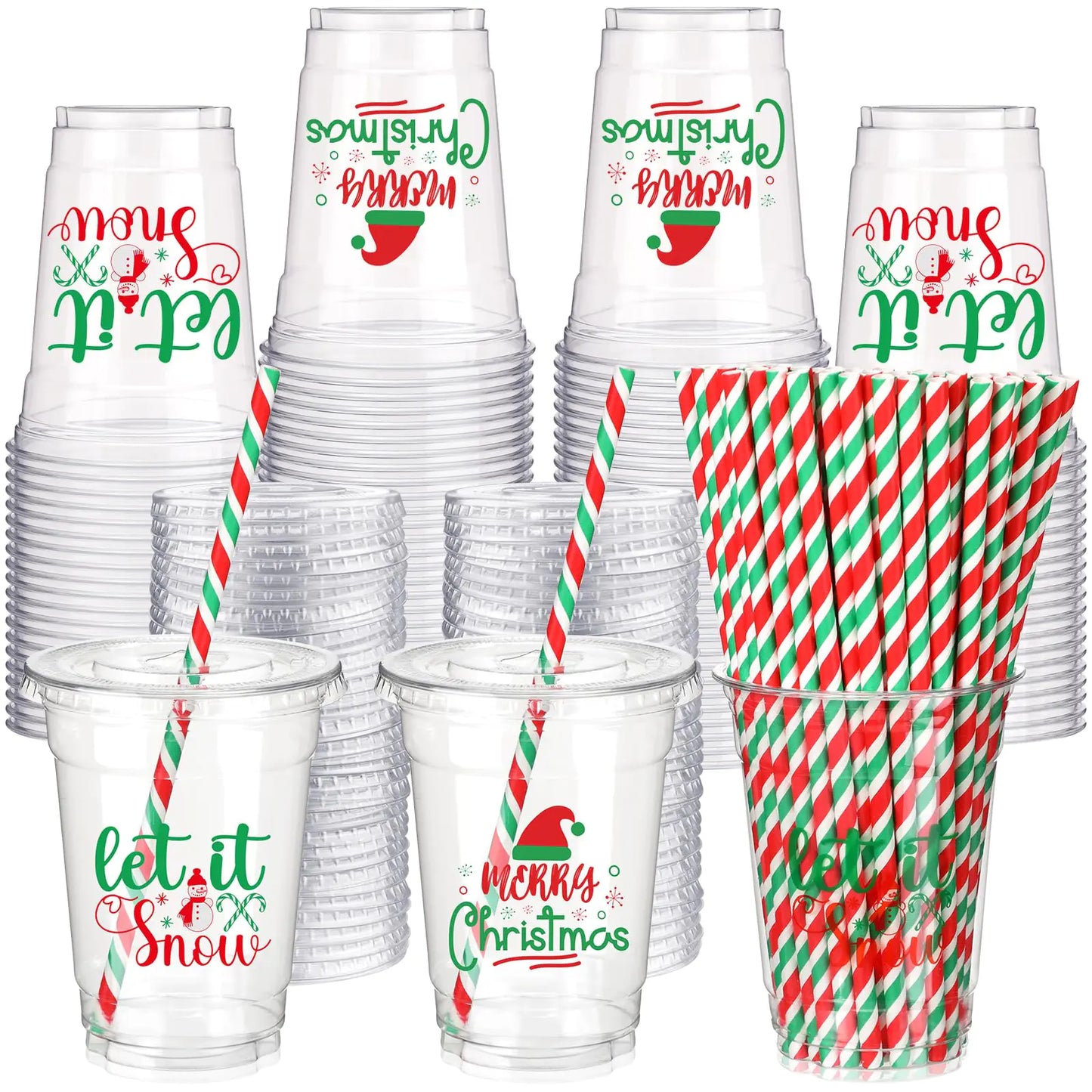 Yaomiao 300 Pcs 12 oz Christmas in July Plastic Cups with Lids and Straw Christmas Plastic Cups Merry Christmas Disposable Clear Cups Xmas Cups Holiday Cups for Beer Coffee Snacks Party