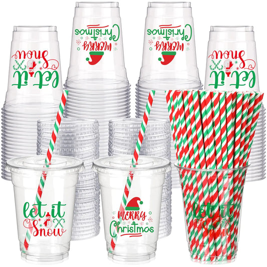 Yaomiao 300 Pcs 12 oz Christmas in July Plastic Cups with Lids and Straw Christmas Plastic Cups Merry Christmas Disposable Clear Cups Xmas Cups Holiday Cups for Beer Coffee Snacks Party