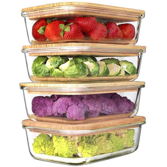 Urban Green Glass Containers with Wood Lids Set of 4 Wood Glass Storage Containers with Lids Food Containers Oven Freezer Microwave Safe Pack of 4 35oz