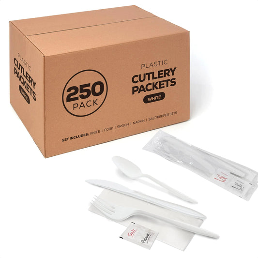 250 Plastic Cutlery Packets - Knife Fork Spoon Napkin Salt Pepper Sets | White Plastic Silverware Sets Individually Wrapped Cutlery Kits Bulk Plastic Utensil Cutlery Set Disposable To Go Silverware