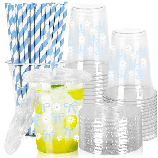 JarThenaAMCS 50Pcs Blue Bow Plastic Cups with Lids and Straws Blue Bow Daisy Clear Plastic Cups 12oz Disposable Cups for Birthday Wedding Party Supplies
